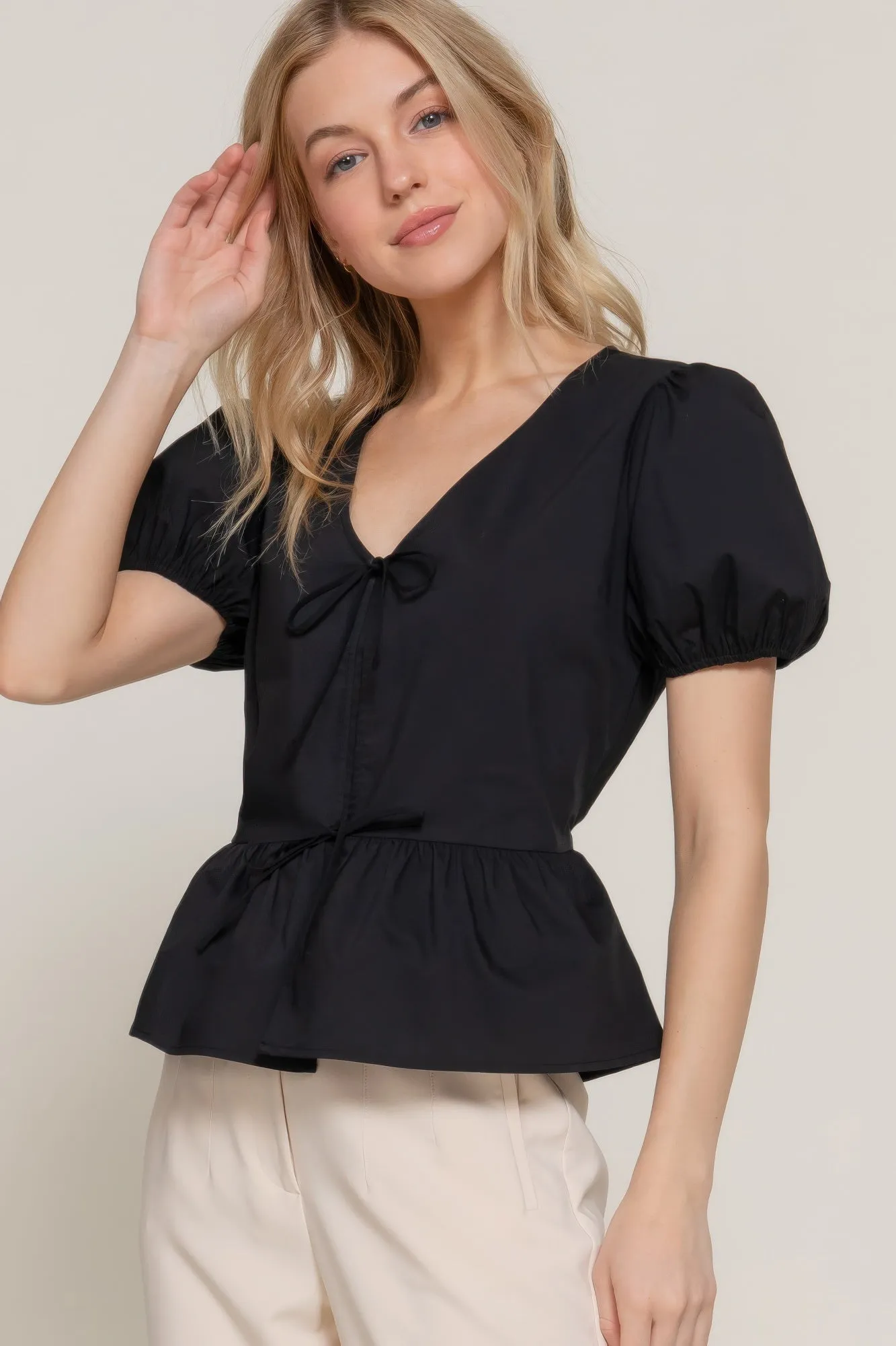 Short Puff Sleeve Tied Popline Top