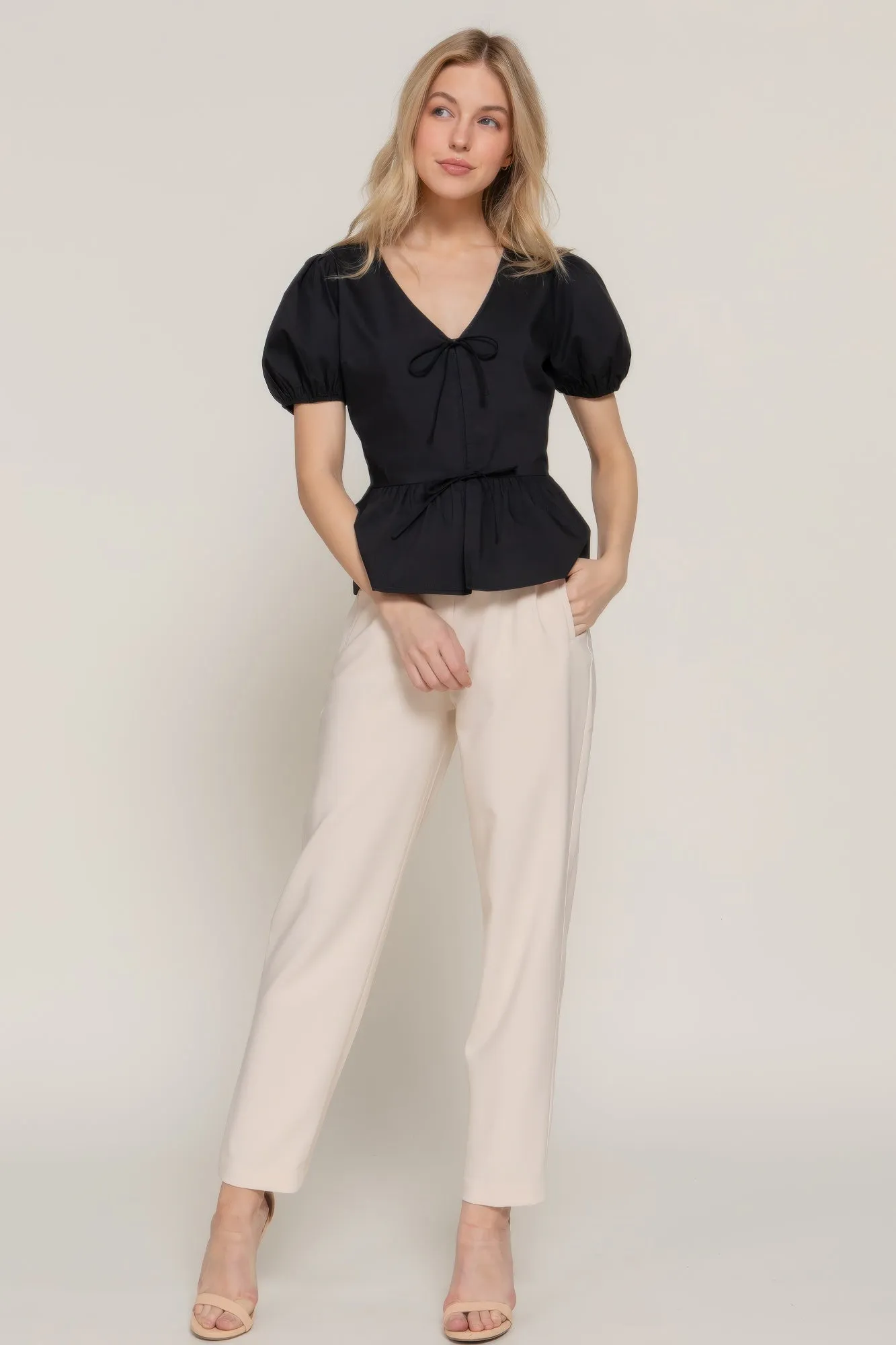 Short Puff Sleeve Tied Popline Top