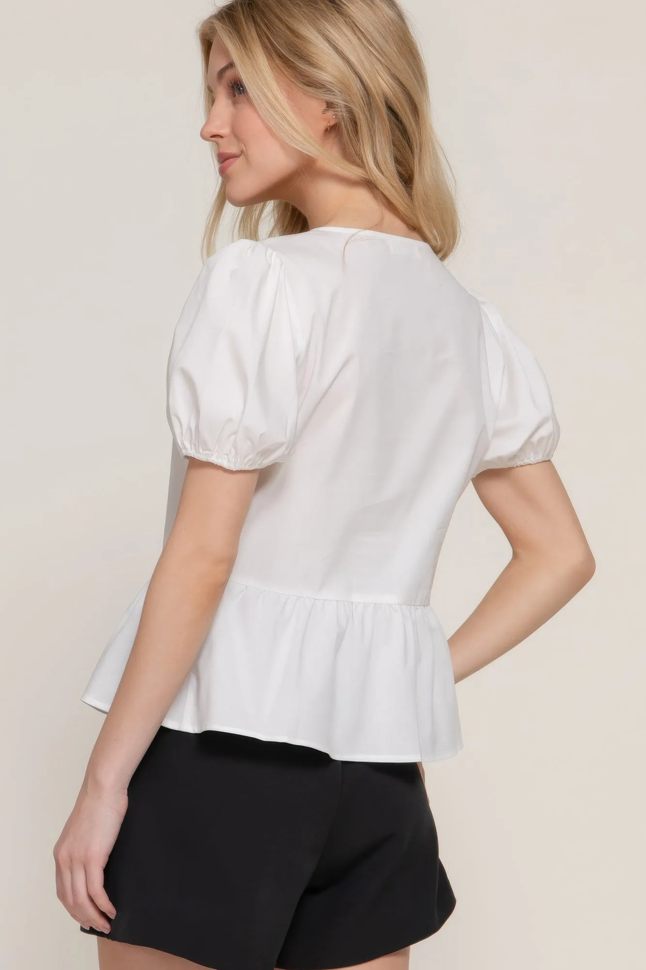 Short Puff Sleeve Tied Popline Top