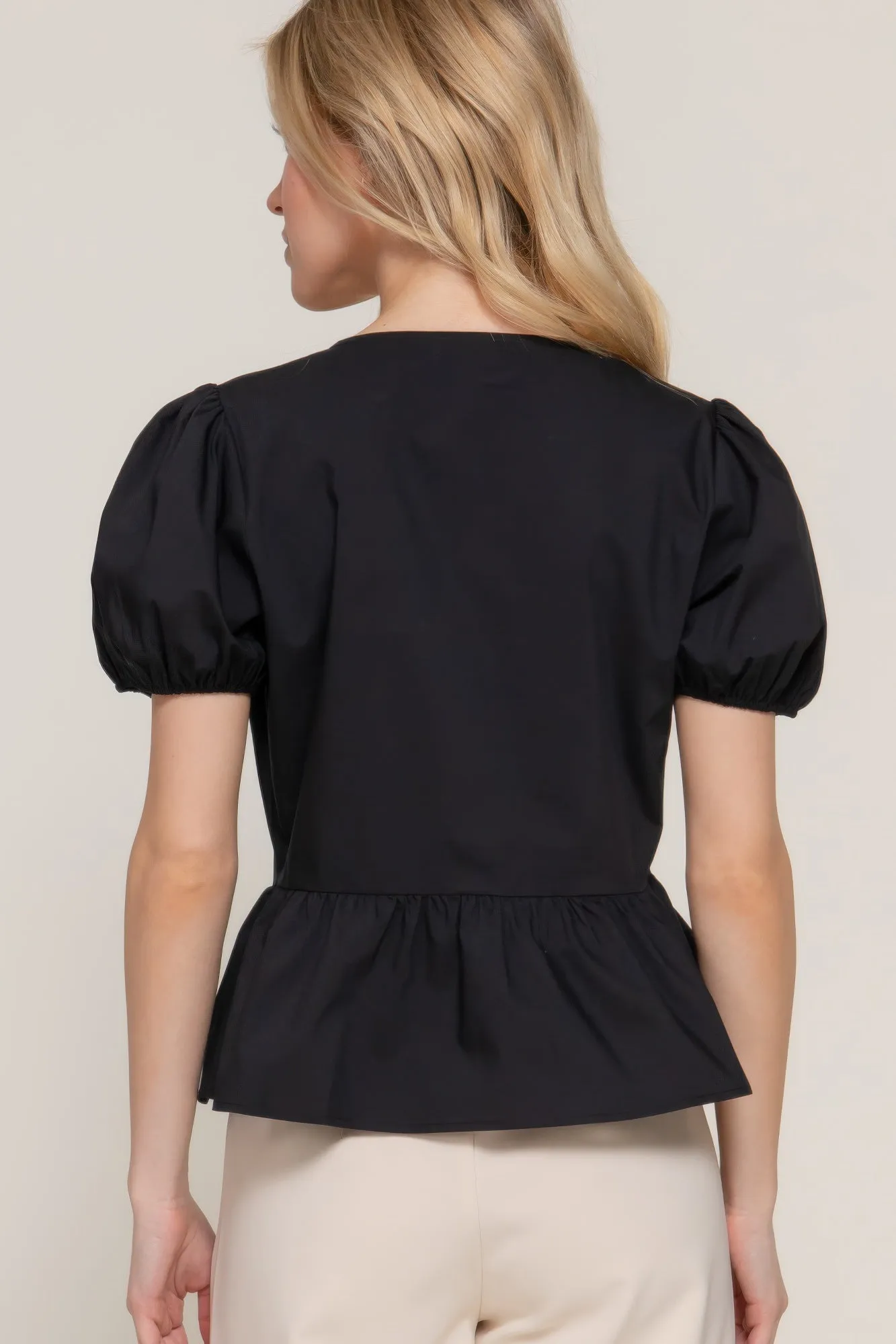 Short Puff Sleeve Tied Popline Top