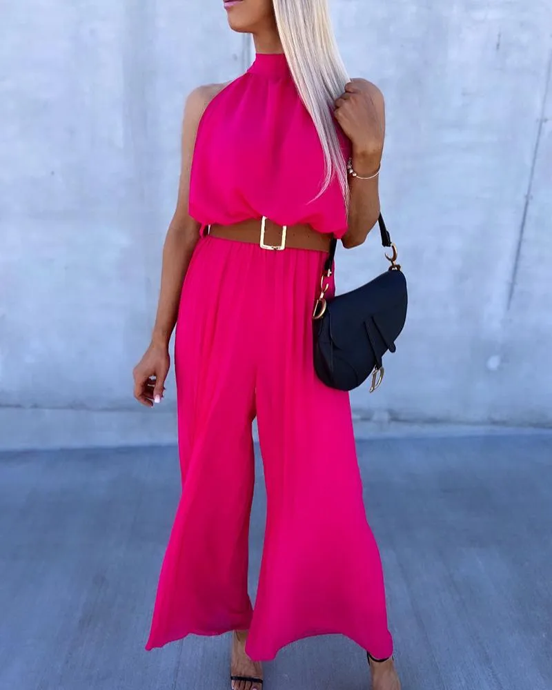 Sleeveless Pleated Mock Neck Jumpsuit