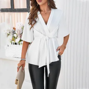 Solid Color Elegant Short Sleeve Lace Up Tunic Wholesale Womens Clothing N3824040100114