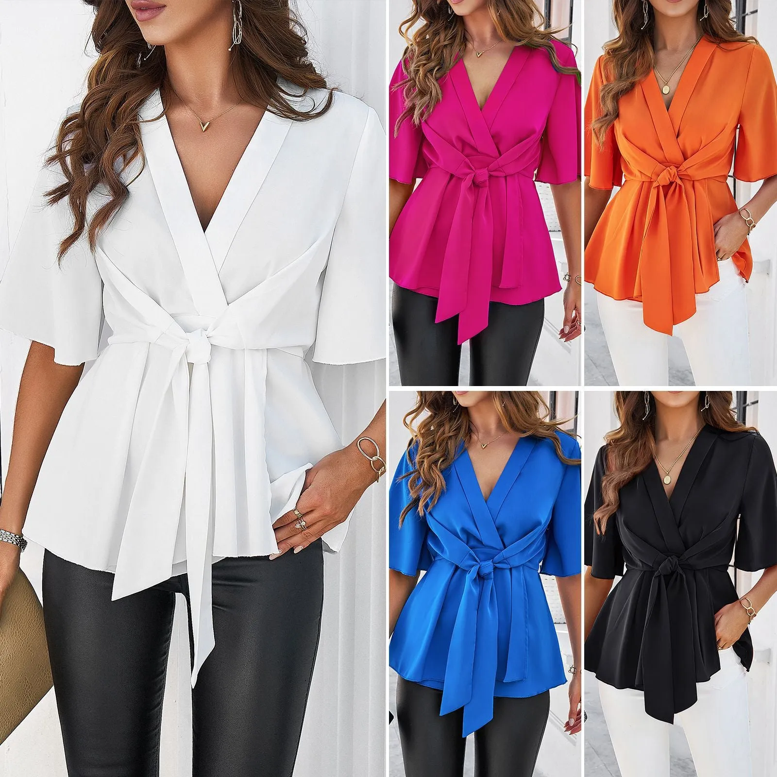Solid Color Elegant Short Sleeve Lace Up Tunic Wholesale Womens Clothing N3824040100114