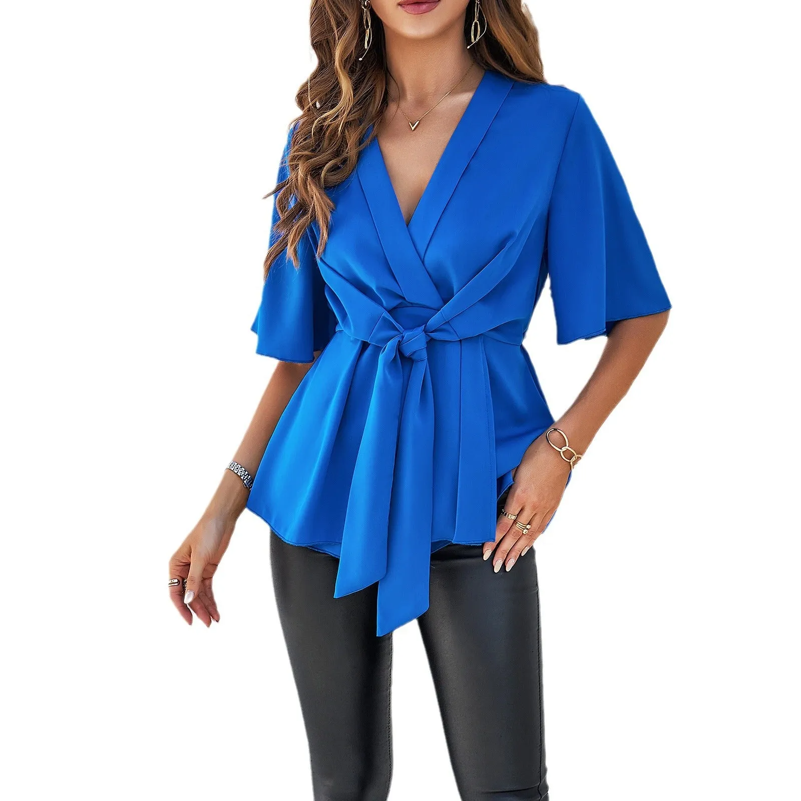 Solid Color Elegant Short Sleeve Lace Up Tunic Wholesale Womens Clothing N3824040100114