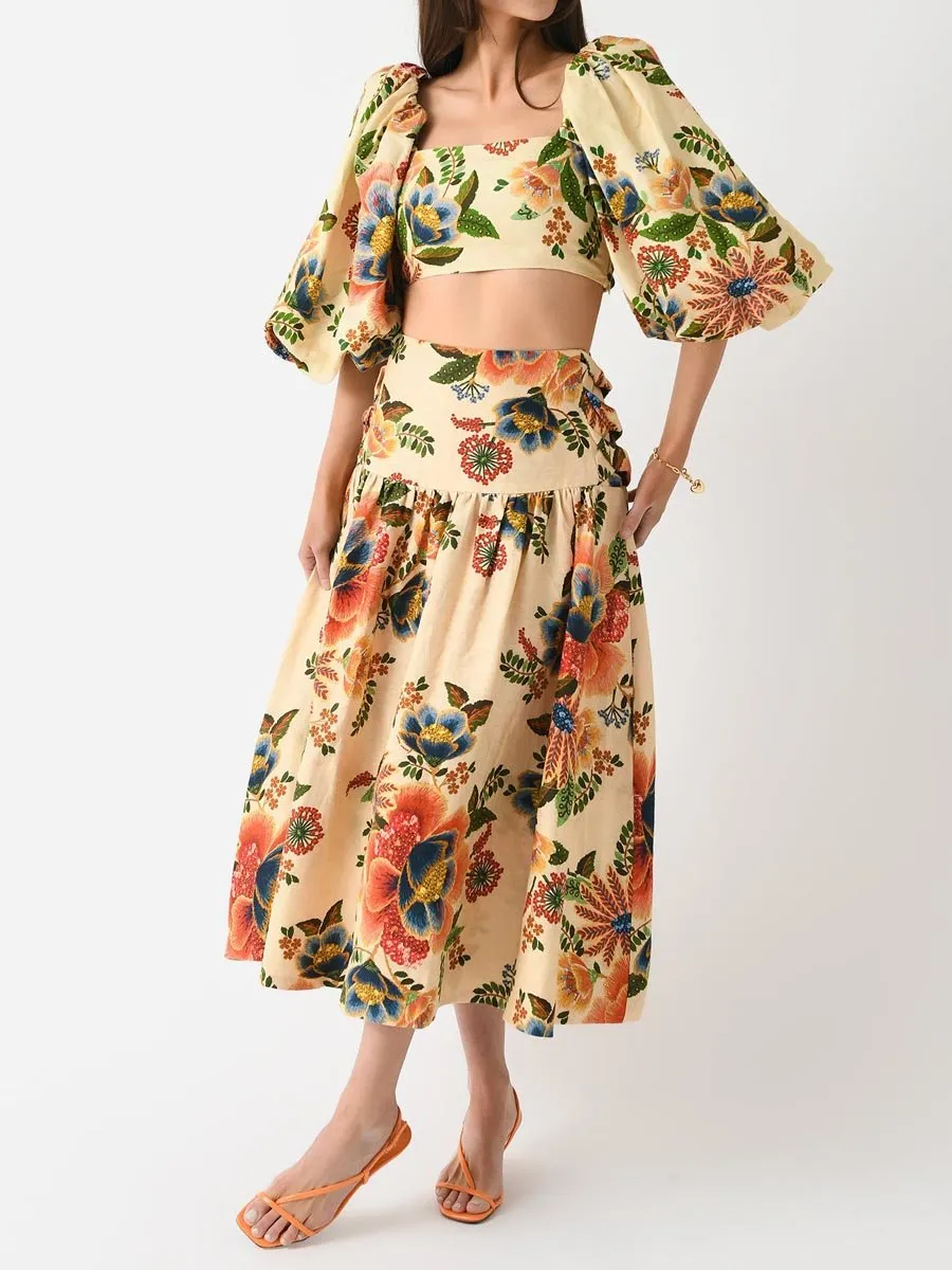 Square Collar Floral Print Crop Top & Skirts
