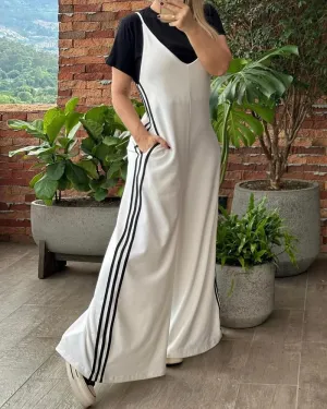 Striped V Neck Wide Leg Suspender Jumpsuit