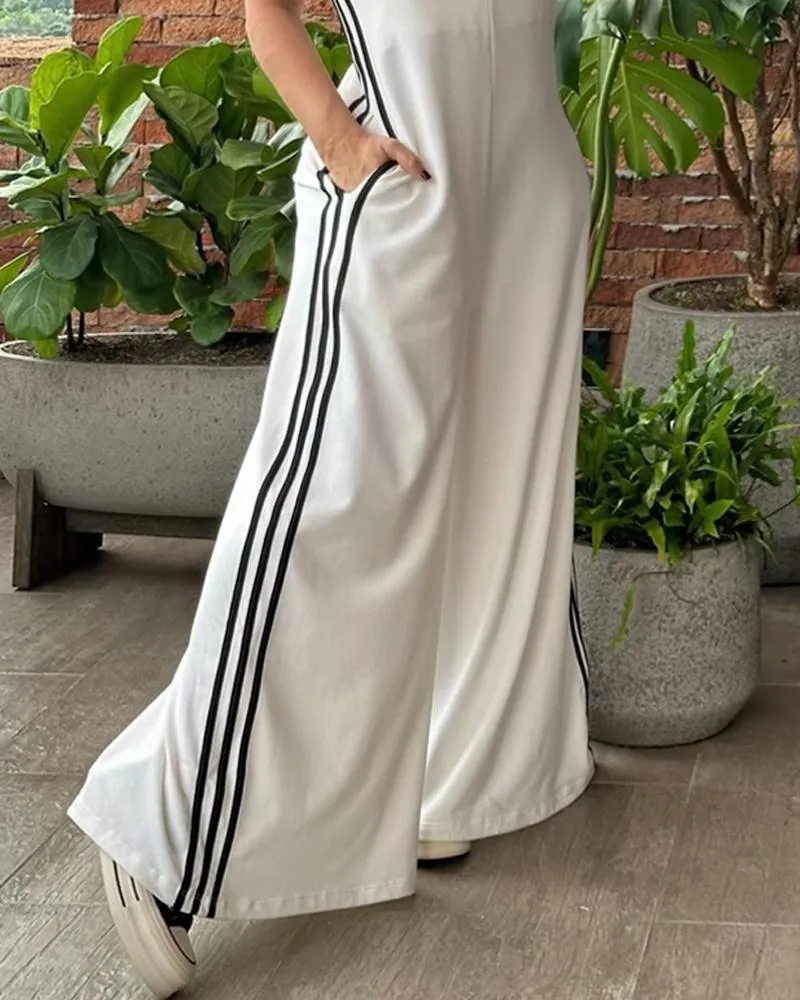 Striped V Neck Wide Leg Suspender Jumpsuit
