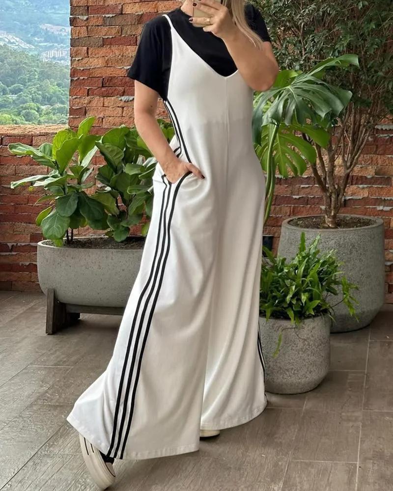 Striped V Neck Wide Leg Suspender Jumpsuit