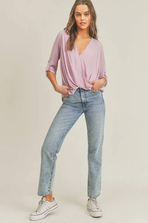 Tab Sleeve Surplice Top - Lush Clothing
