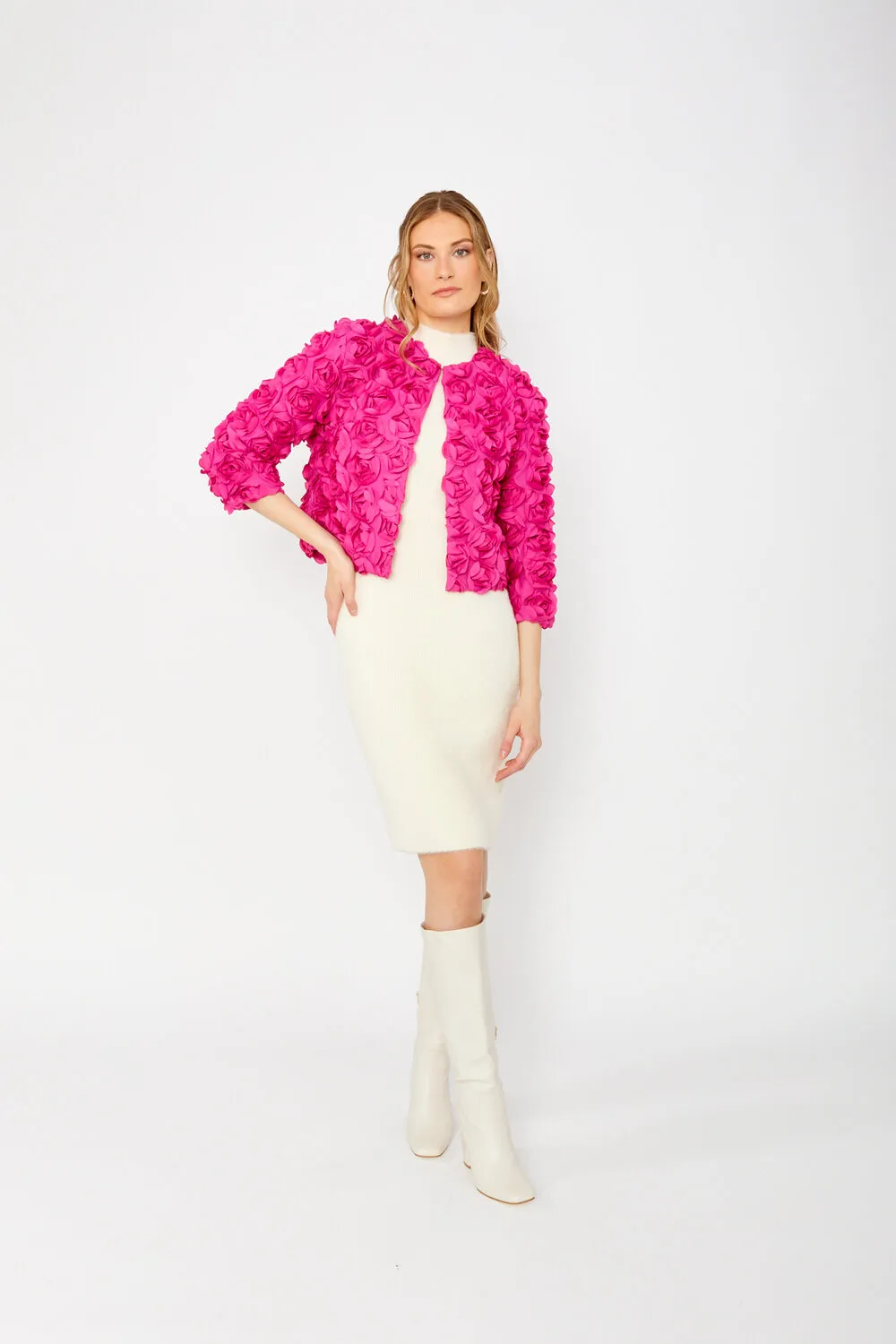Textured Floral Embellished Jacket In Pink 249406