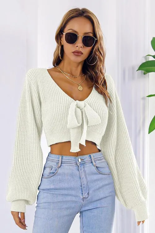 Tie Bow Detail Cropped V Neck Sweater