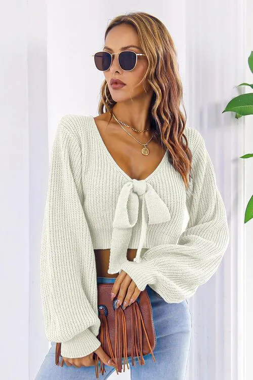 Tie Bow Detail Cropped V Neck Sweater