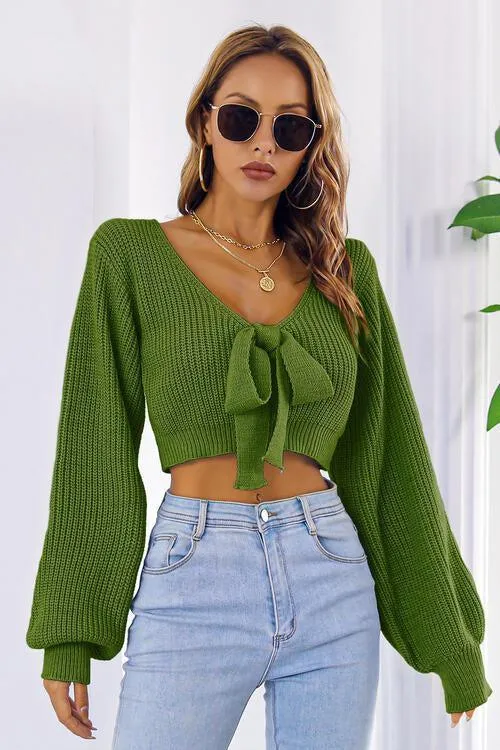 Tie Bow Detail Cropped V Neck Sweater