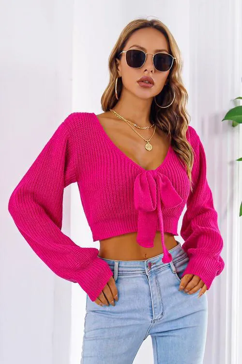 Tie Bow Detail Cropped V Neck Sweater