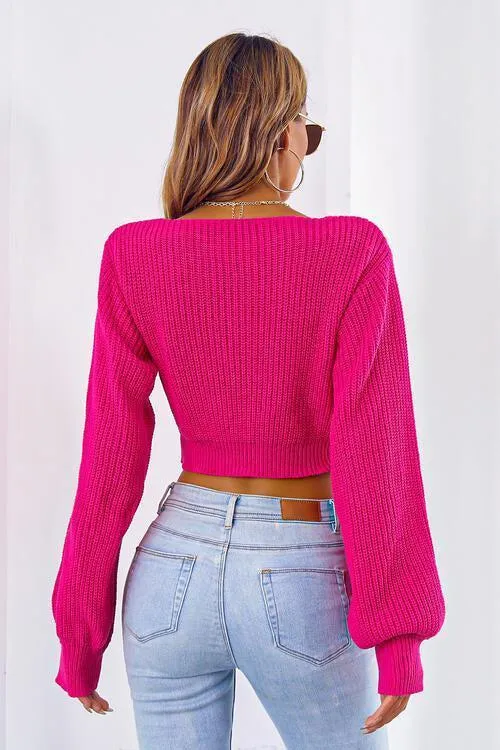 Tie Bow Detail Cropped V Neck Sweater