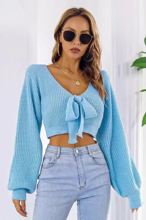 Tie Bow Detail Cropped V Neck Sweater