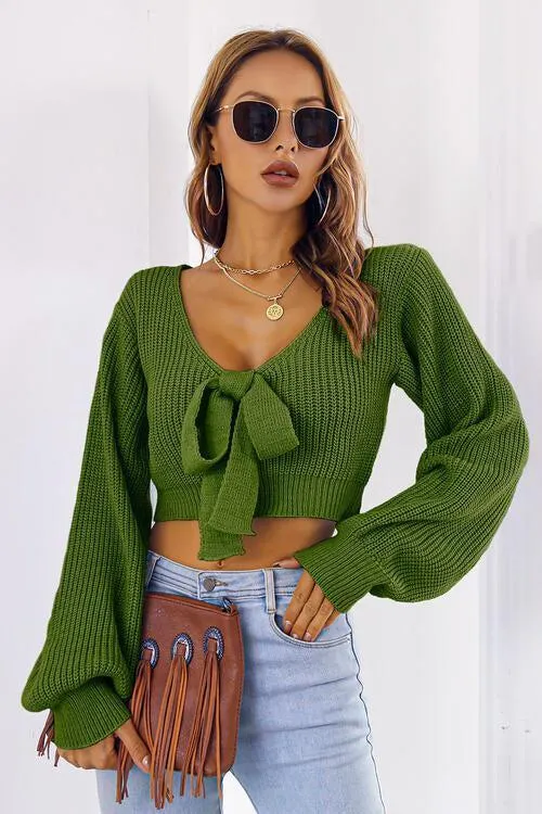Tie Bow Detail Cropped V Neck Sweater