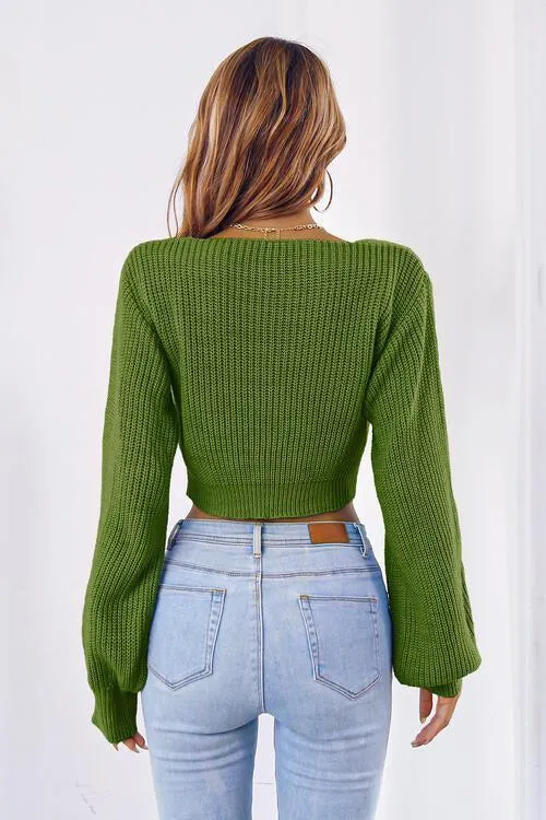 Tie Bow Detail Cropped V Neck Sweater