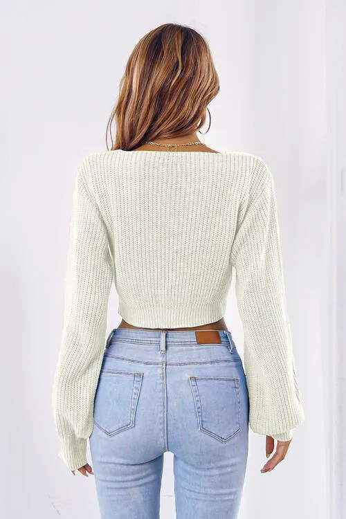 Tie Bow Detail Cropped V Neck Sweater