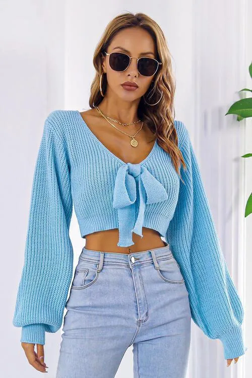 Tie Bow Detail Cropped V Neck Sweater