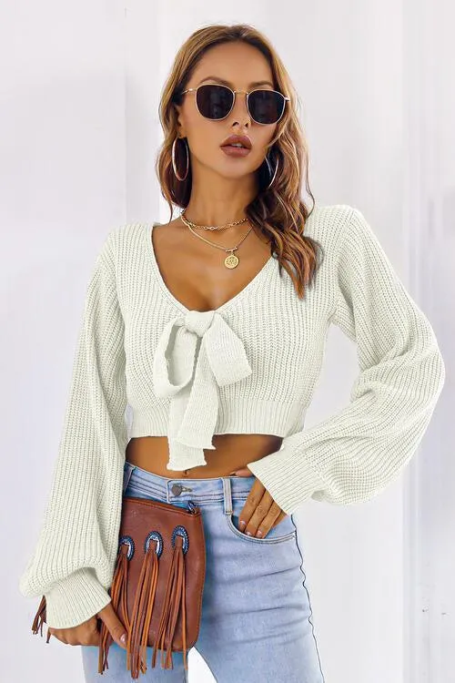 Tie Bow Detail Cropped V Neck Sweater