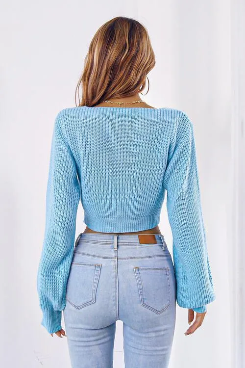 Tie Bow Detail Cropped V Neck Sweater