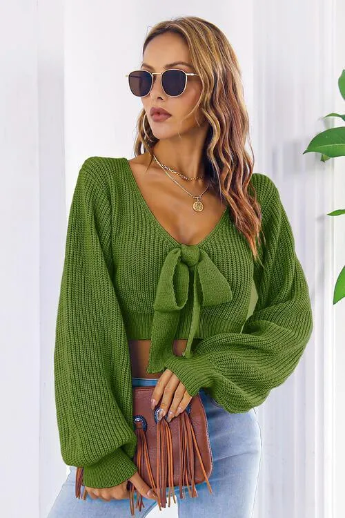 Tie Bow Detail Cropped V Neck Sweater