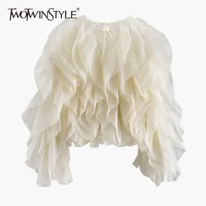 TWOTWINSTYLE Elegant Patchwork Ruffles Chiffon Blouses Women O Neck Lantern Long Sleeve Loose Shirt Female Clothing Fashion Tide