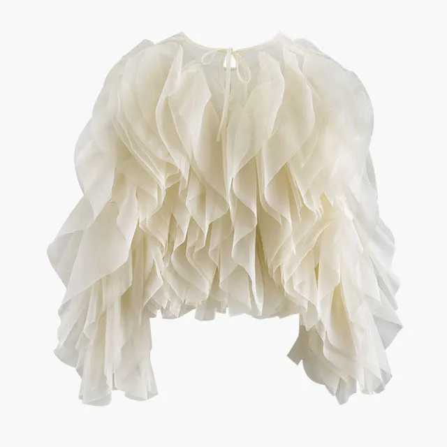 TWOTWINSTYLE Elegant Patchwork Ruffles Chiffon Blouses Women O Neck Lantern Long Sleeve Loose Shirt Female Clothing Fashion Tide