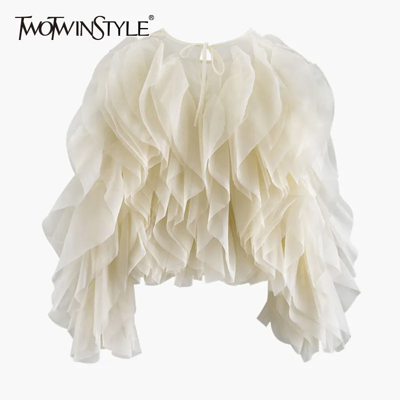 TWOTWINSTYLE Elegant Patchwork Ruffles Chiffon Blouses Women O Neck Lantern Long Sleeve Loose Shirt Female Clothing Fashion Tide