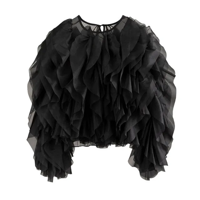 TWOTWINSTYLE Elegant Patchwork Ruffles Chiffon Blouses Women O Neck Lantern Long Sleeve Loose Shirt Female Clothing Fashion Tide
