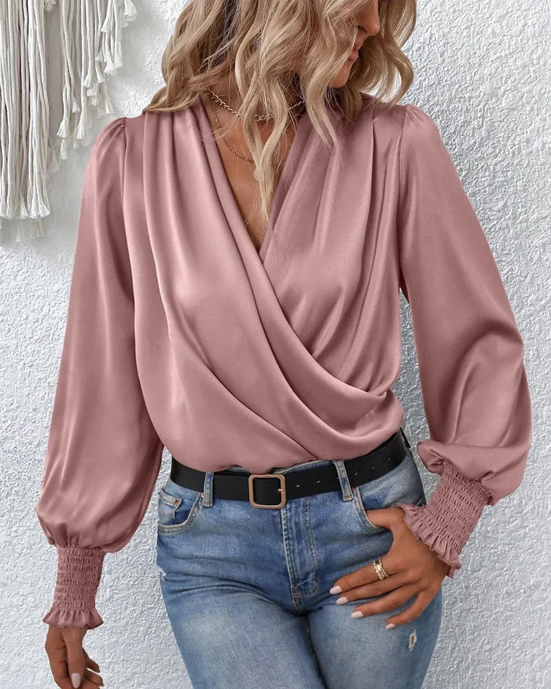 V-neck balloon sleeve elegant solid color blouse