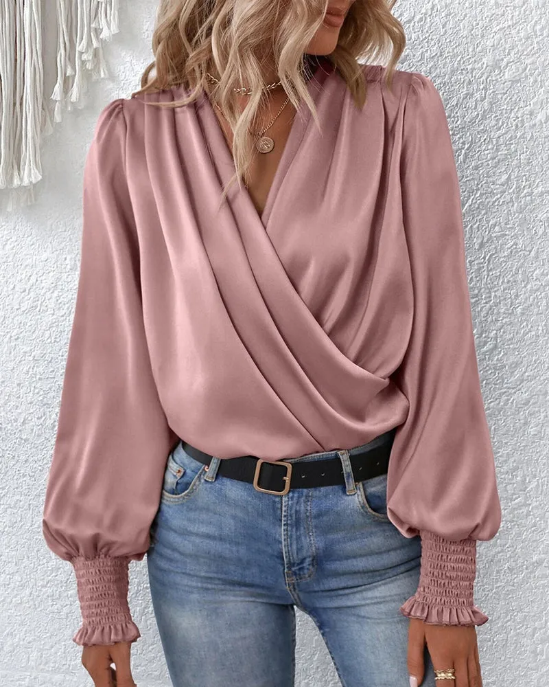 V-neck balloon sleeve elegant solid color blouse