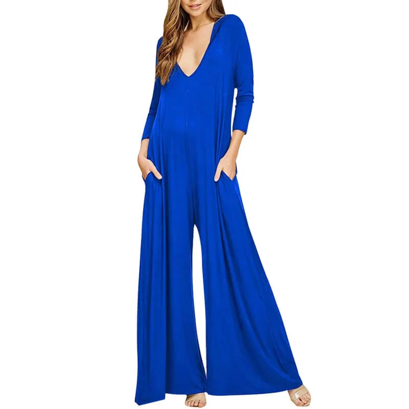 V-neck Long Sleeve Casual Wide Jumpsuit