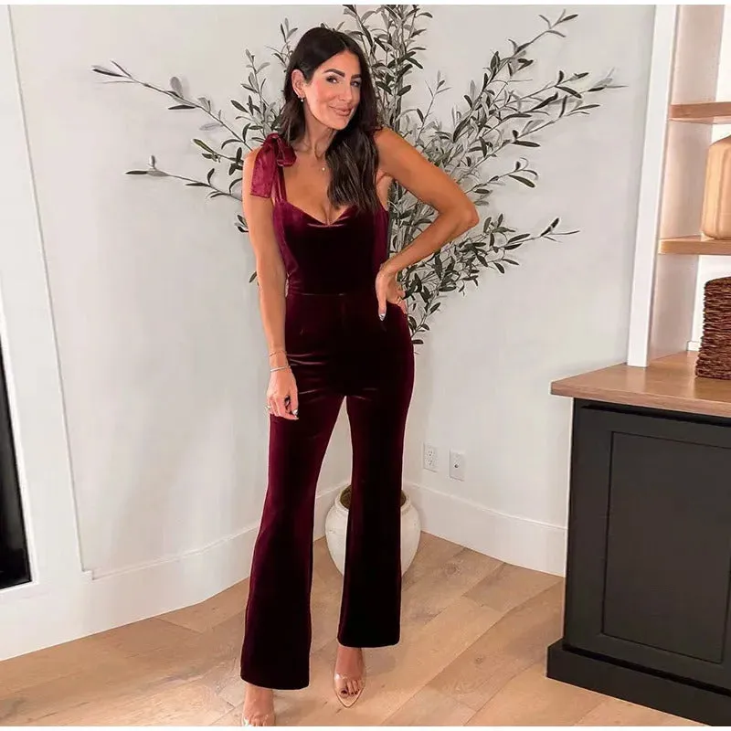 Velvet Jumpsuits Women Casual Slim Sleeveless Lace Up Backless Siamese Female Fashion Chic High Waist Solid Streetwears Lady