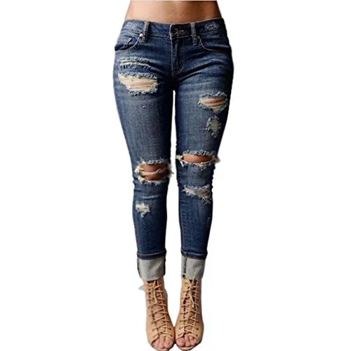 VICVIK Women Knee Skinny Denim Distressed Ripped Boyfriend Jeans (L)