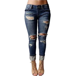 VICVIK Women Knee Skinny Denim Distressed Ripped Boyfriend Jeans (L)