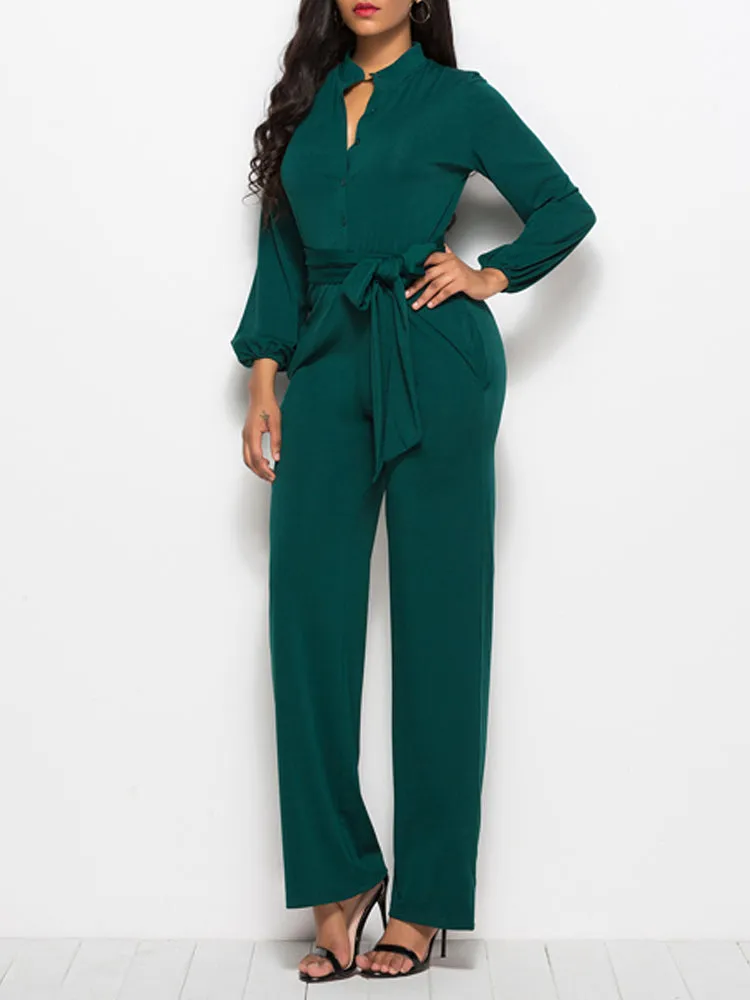 Waist Lace-Up Buttoned Jumpsuit (Green)