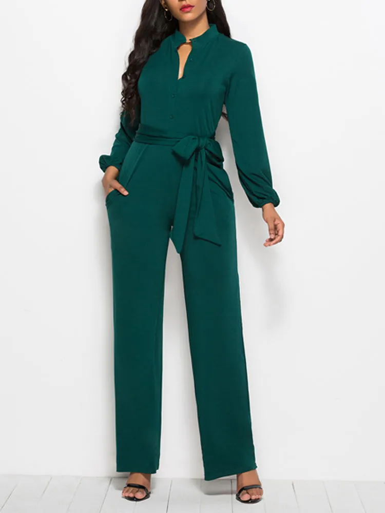 Waist Lace-Up Buttoned Jumpsuit (Green)