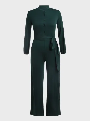 Waist Lace-Up Buttoned Jumpsuit (Green)