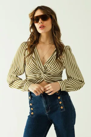 White Long Sleeves Crop Top With Brown Stripes And V-Neck