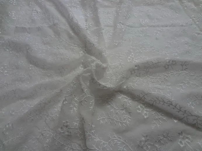 white silk chiffon fabric with vine/floral embroidery 44&quot; wide