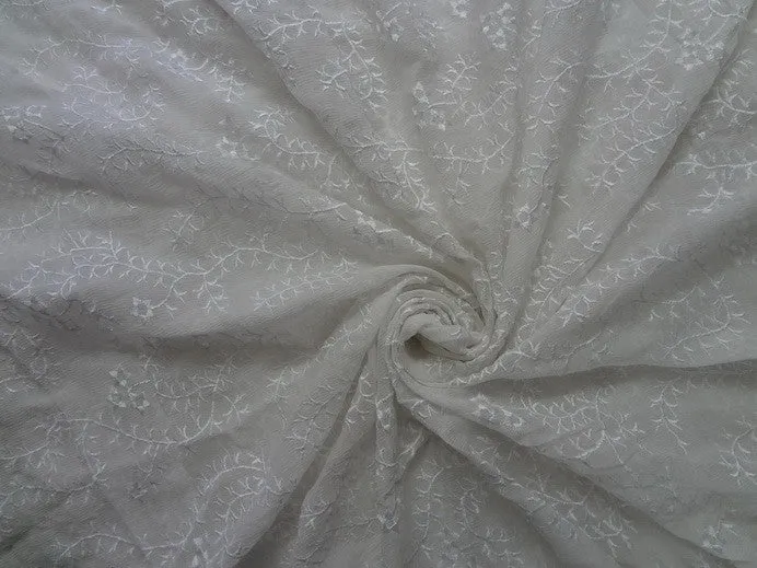 white silk chiffon fabric with vine/floral embroidery 44&quot; wide