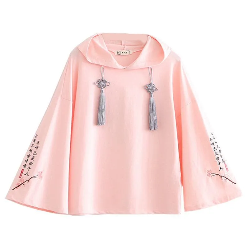 Women Floral Embroidery Hooded Sweatshirts Chinese Style