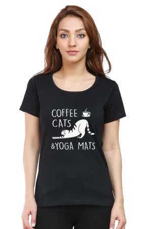 Women Round Neck Half Sleeves Classic T-Shirt - Coffee Cats Yoga Mats