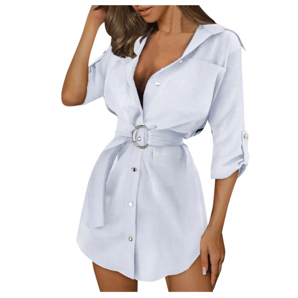 Women Shirt Button Mini Dress Elegant Blouses For Women Autumn Long Sleeve