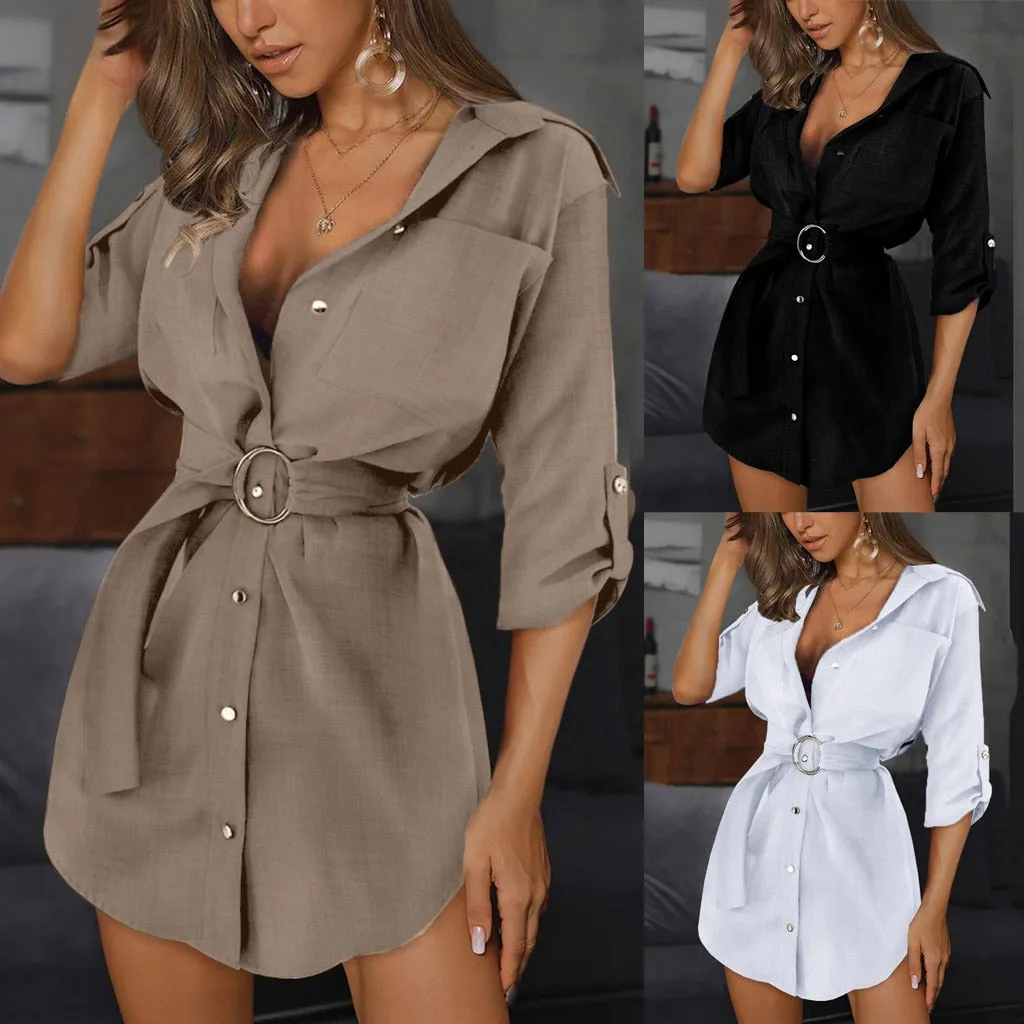 Women Shirt Button Mini Dress Elegant Blouses For Women Autumn Long Sleeve