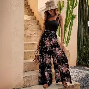 Womens Jumpsuit  Floral Print  Sleeveless  Wide Leg  Relaxed Fit  Defined Waist