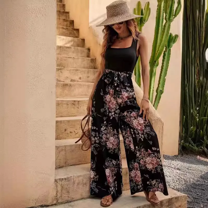 Womens Jumpsuit  Floral Print  Sleeveless  Wide Leg  Relaxed Fit  Defined Waist