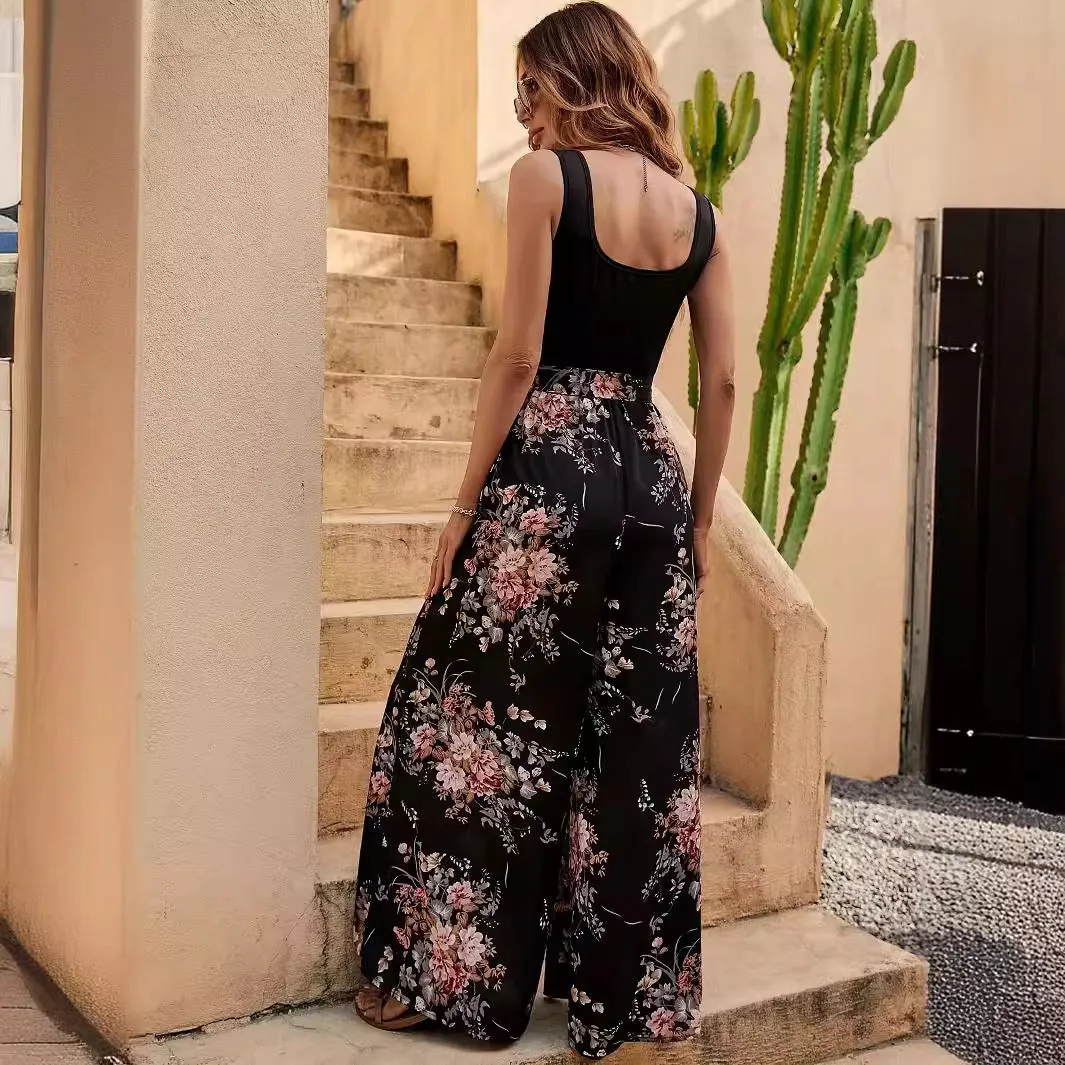 Womens Jumpsuit  Floral Print  Sleeveless  Wide Leg  Relaxed Fit  Defined Waist